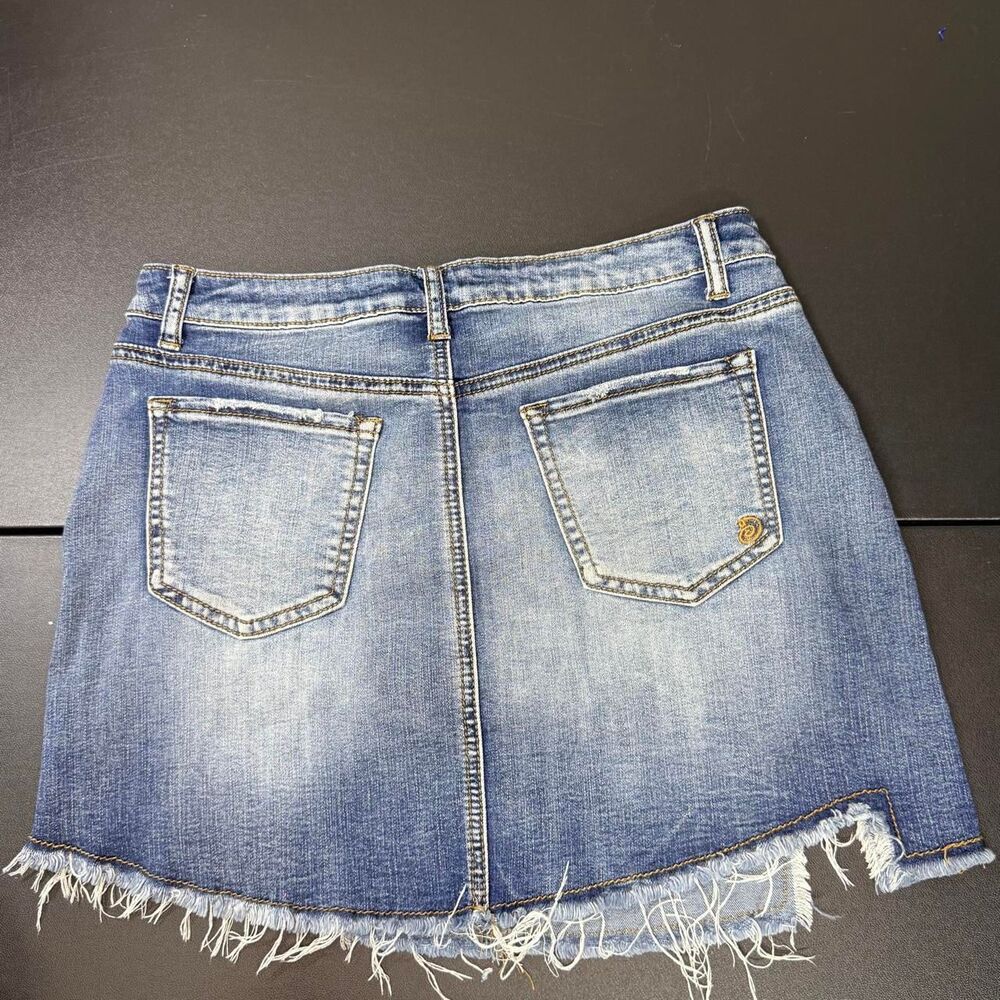 Indigo Rein Distressed Denim Mini Skirt Size 11 Frayed Raw Hem Y2K - Picture 2 of 7